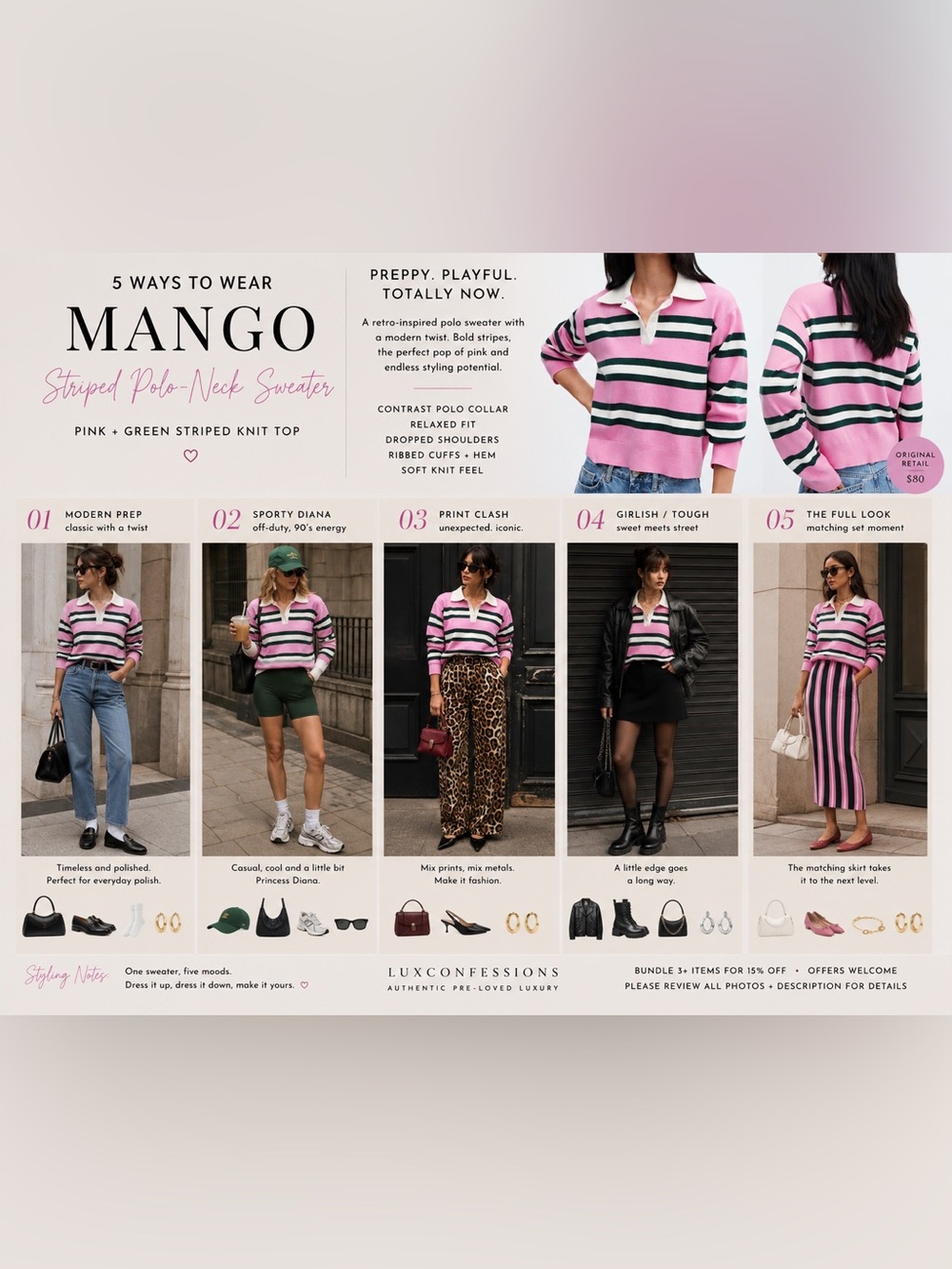 Mango Pink Green Striped Polo Collar Knit Sweater Top Small - Tennis Preppy - Picture 2 of 16